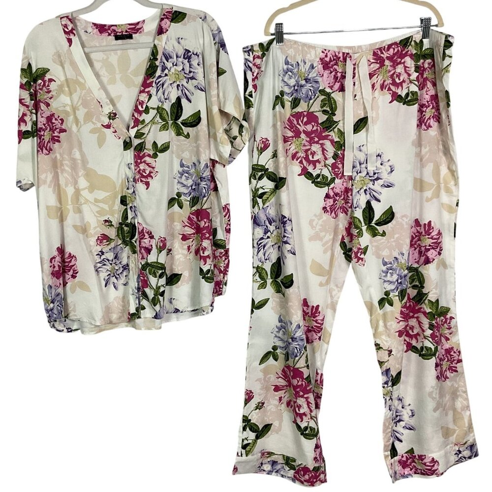 Ann Taylor Factory Floral-print Pajama Set, Pants & Short-sleeve Button-down, XL